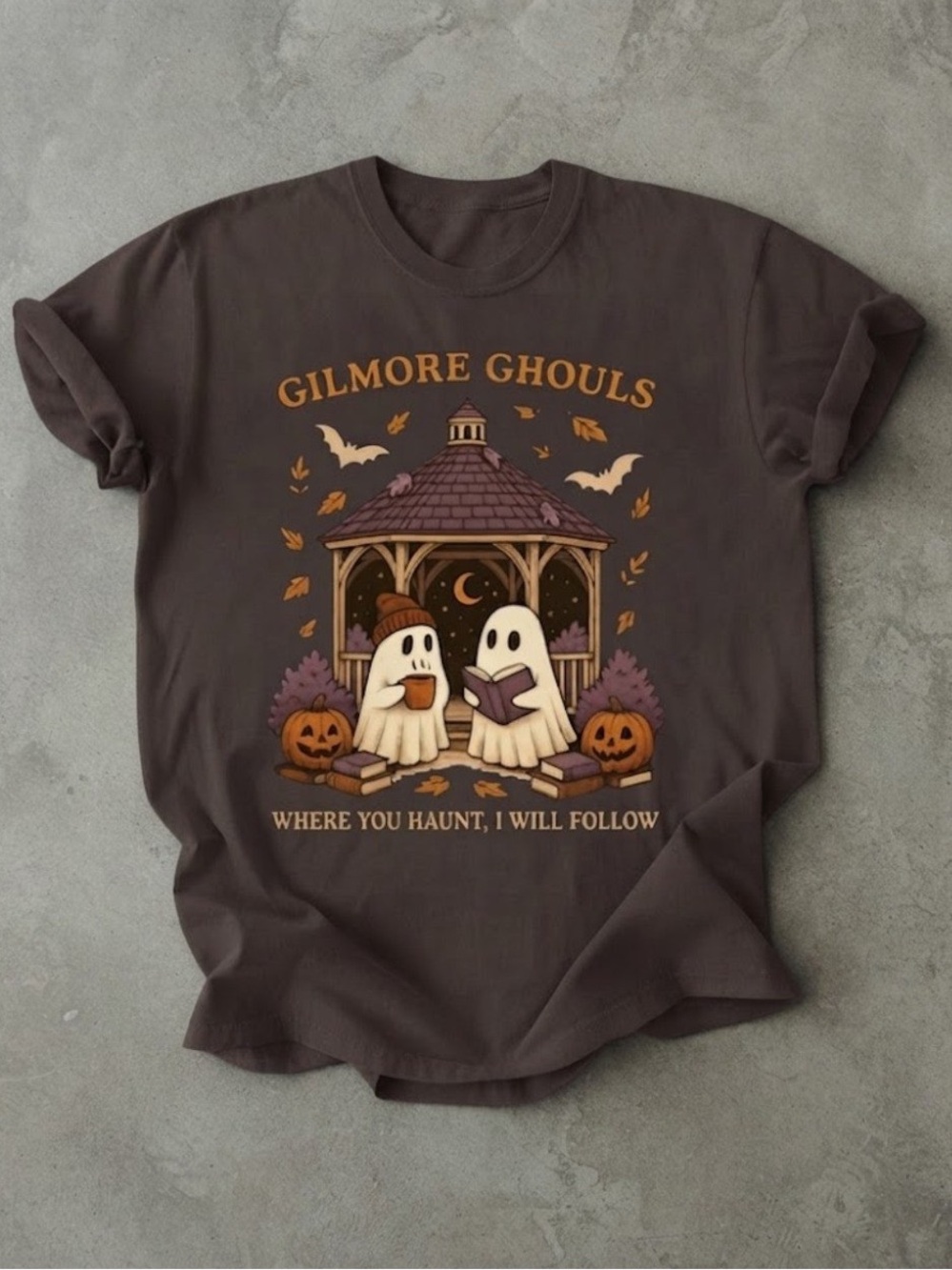 Halloween Gilmore Ghouls Cute Ghost Reading Book Brown Gildan T-Shirt